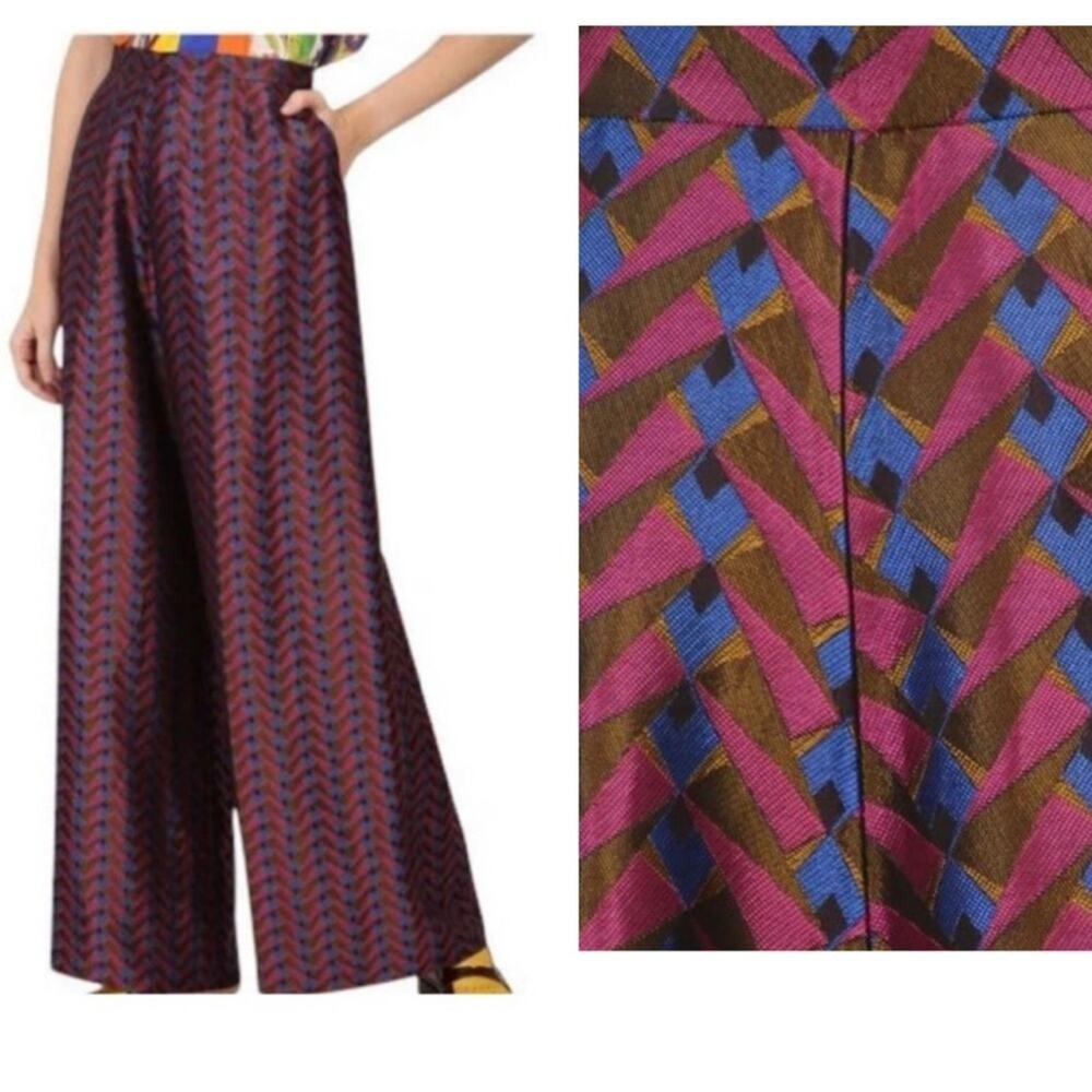 Etro Red and Blue Wide Leg Pants metallic jacquard Geometric 38 - Picture 12 of 12